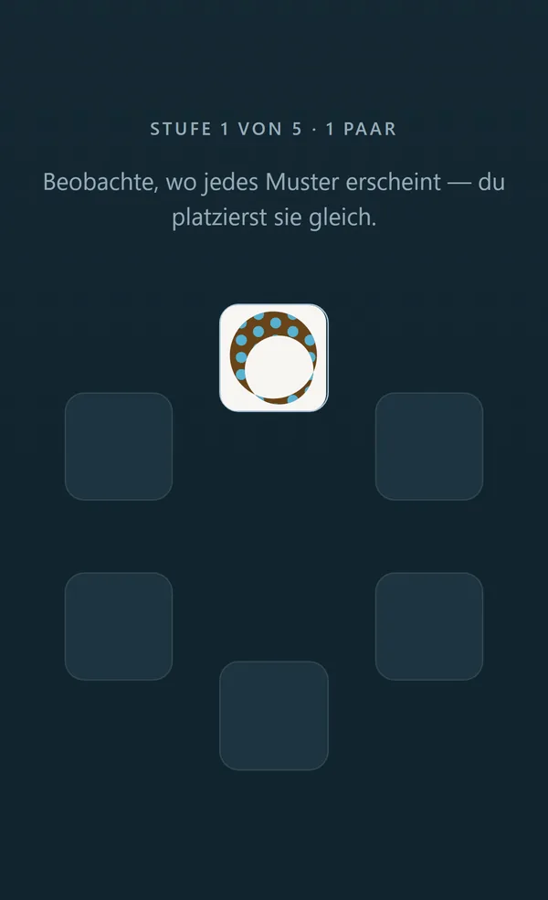 Der Gedächtnistest: sechs Kästchen, eines offen mit seinem Muster